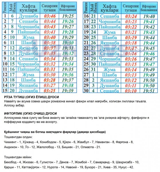 В Узбекистане опубликовали расписание месяца Рамадан