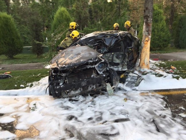 В Ташкенте автомобиль Gentra врезался в дерево и загорелся