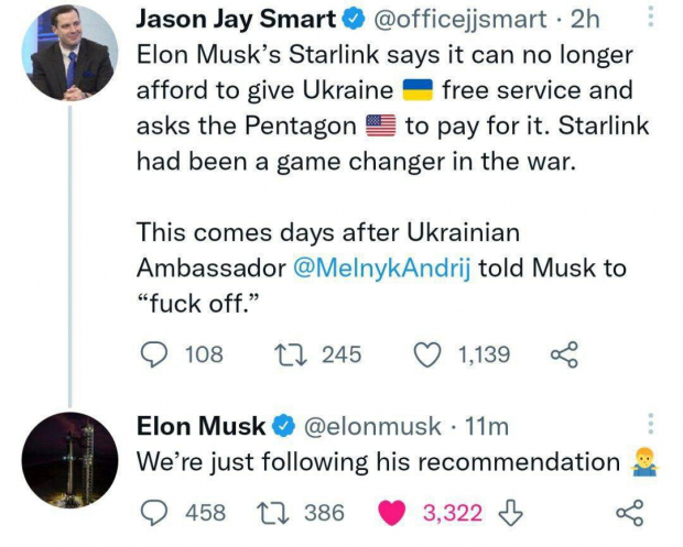 Илон Маск заявил о прекращении поддержки Украины