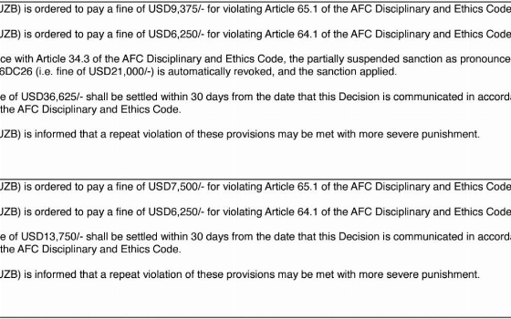 АФК оштрафовала АФУ и «Насаф» на $55 тысяч за несоблюдение правил проведения футбольных матчей